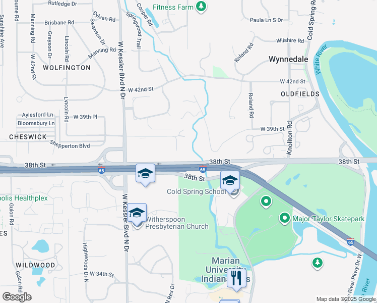 map of restaurants, bars, coffee shops, grocery stores, and more near 3813 Cooper Lane in Indianapolis