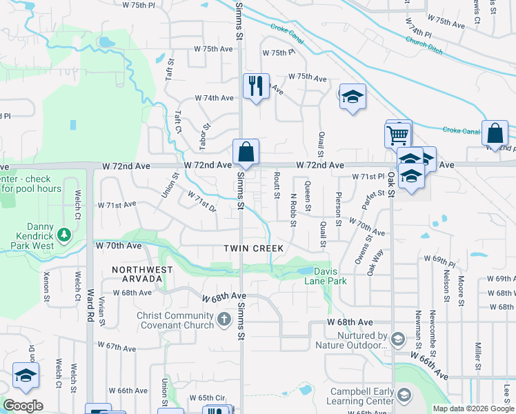 map of restaurants, bars, coffee shops, grocery stores, and more near 7080 Simms Street in Arvada
