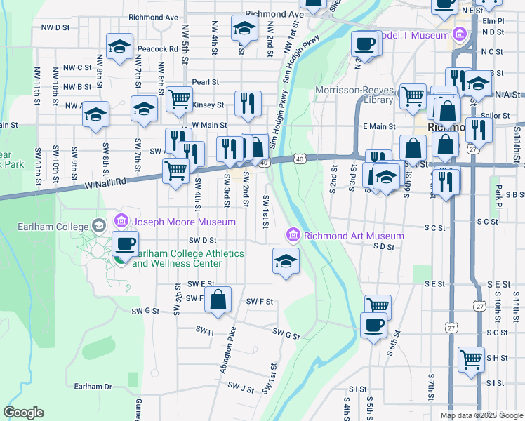 map of restaurants, bars, coffee shops, grocery stores, and more near 300 Southwest 1st Street in Richmond