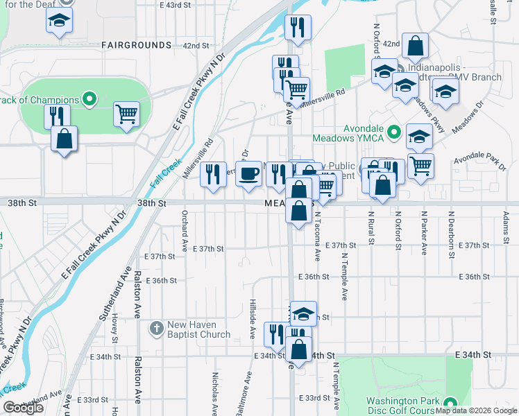 map of restaurants, bars, coffee shops, grocery stores, and more near 2217 East 38th Street in Indianapolis