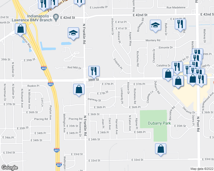 map of restaurants, bars, coffee shops, grocery stores, and more near 8145 East 37th Place in Indianapolis