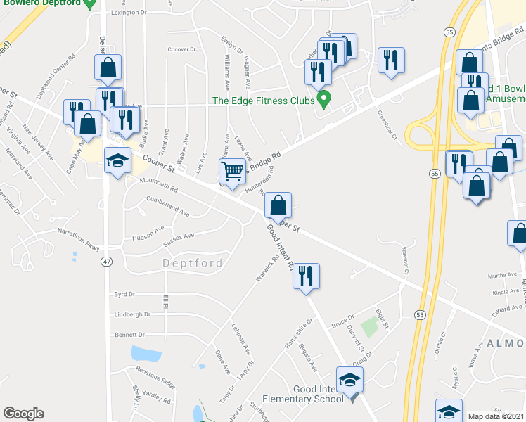 map of restaurants, bars, coffee shops, grocery stores, and more near Cooper St & Good Intent Rd in Deptford Township