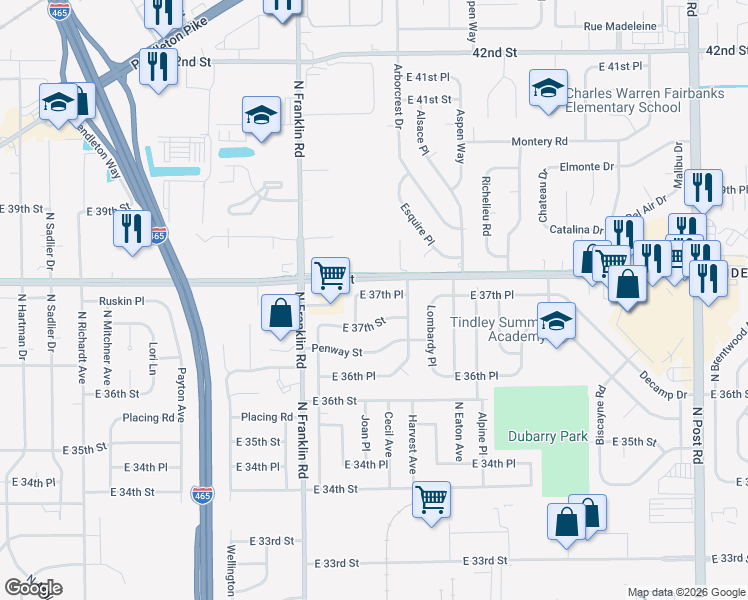 map of restaurants, bars, coffee shops, grocery stores, and more near 8145 East 37th Place in Indianapolis