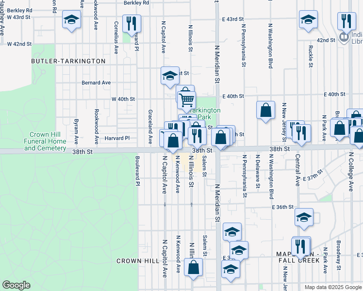 map of restaurants, bars, coffee shops, grocery stores, and more near 120w West 38th Street in Indianapolis