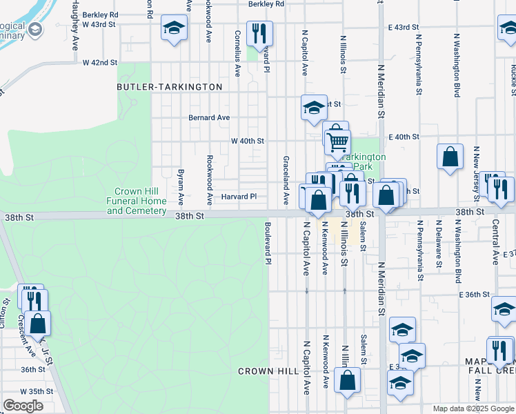 map of restaurants, bars, coffee shops, grocery stores, and more near 324 West 38th Street in Indianapolis