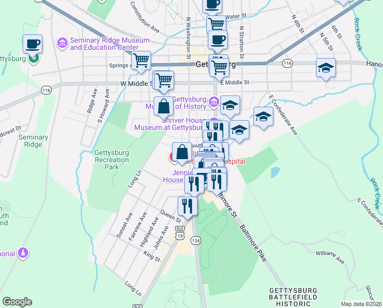 map of restaurants, bars, coffee shops, grocery stores, and more near 422 South Washington Street in Gettysburg