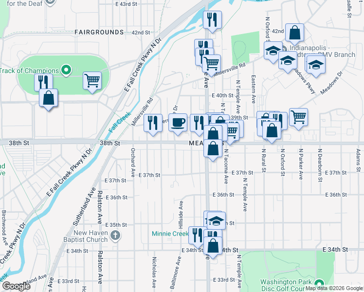 map of restaurants, bars, coffee shops, grocery stores, and more near 2217 East 38th Street in Indianapolis