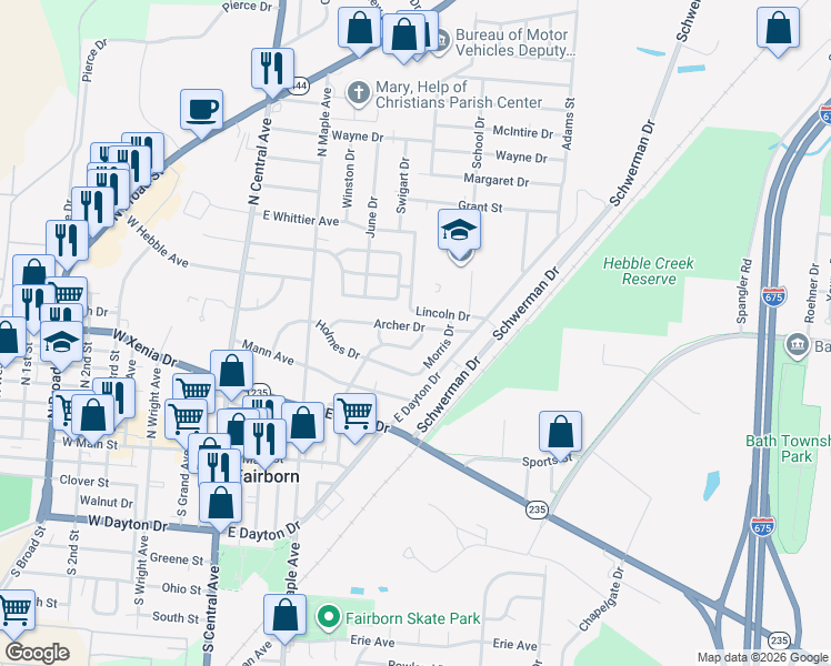 map of restaurants, bars, coffee shops, grocery stores, and more near 342 Archer Drive in Fairborn