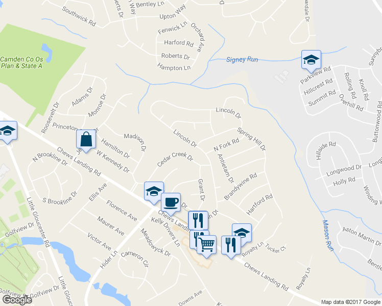 map of restaurants, bars, coffee shops, grocery stores, and more near 34 Cedar Creek Drive in Laurel Springs
