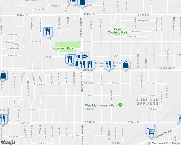 map of restaurants, bars, coffee shops, grocery stores, and more near 5151 East 38th Street in Indianapolis