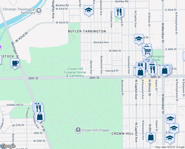 map of restaurants, bars, coffee shops, grocery stores, and more near 544 38th Street in Indianapolis