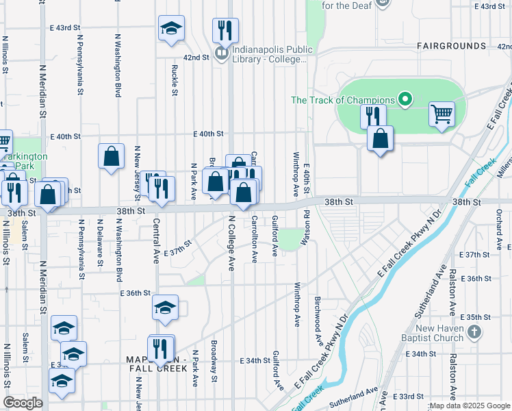 map of restaurants, bars, coffee shops, grocery stores, and more near 802 East 38th Street in Indianapolis