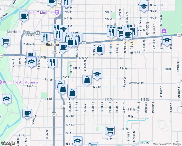 map of restaurants, bars, coffee shops, grocery stores, and more near 224 South 13th Street in Richmond