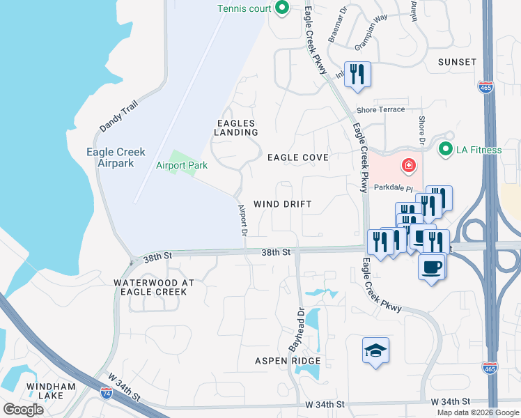 map of restaurants, bars, coffee shops, grocery stores, and more near 3876 Amaranth Court in Indianapolis