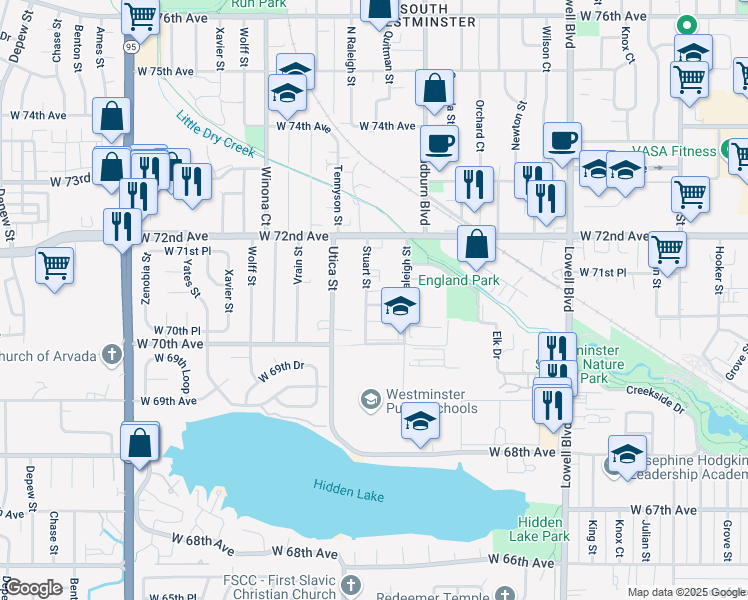 map of restaurants, bars, coffee shops, grocery stores, and more near 7100 Stuart Street in Westminster