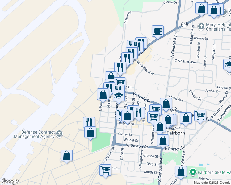 map of restaurants, bars, coffee shops, grocery stores, and more near 138 North Broad Street in Fairborn