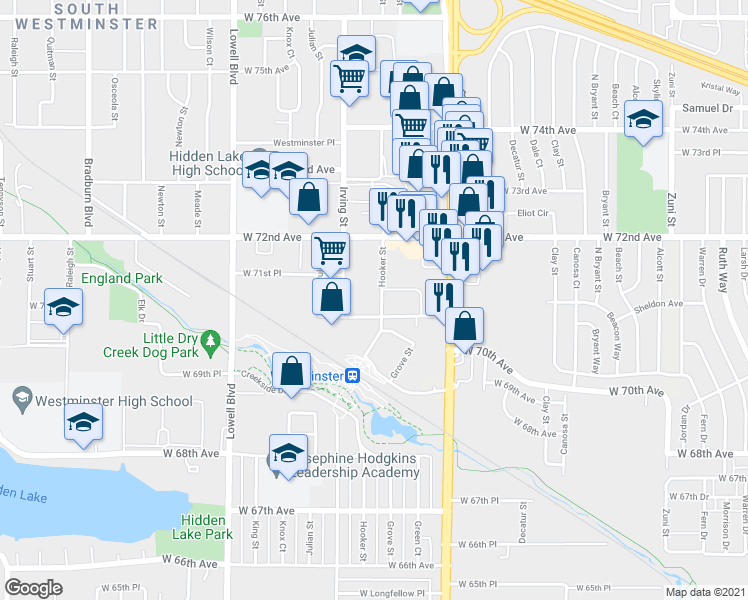map of restaurants, bars, coffee shops, grocery stores, and more near 7111 Hooker Street in Westminster