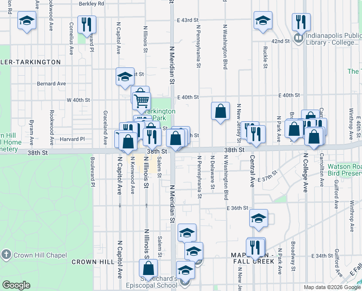 map of restaurants, bars, coffee shops, grocery stores, and more near 3801n North Meridian Street in Indianapolis