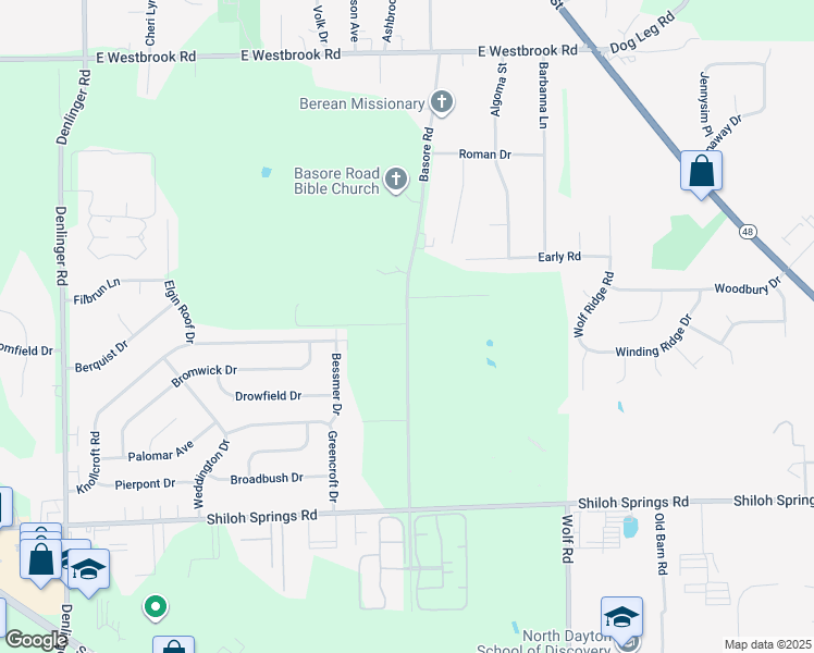 map of restaurants, bars, coffee shops, grocery stores, and more near 5430 Basore Road in Dayton