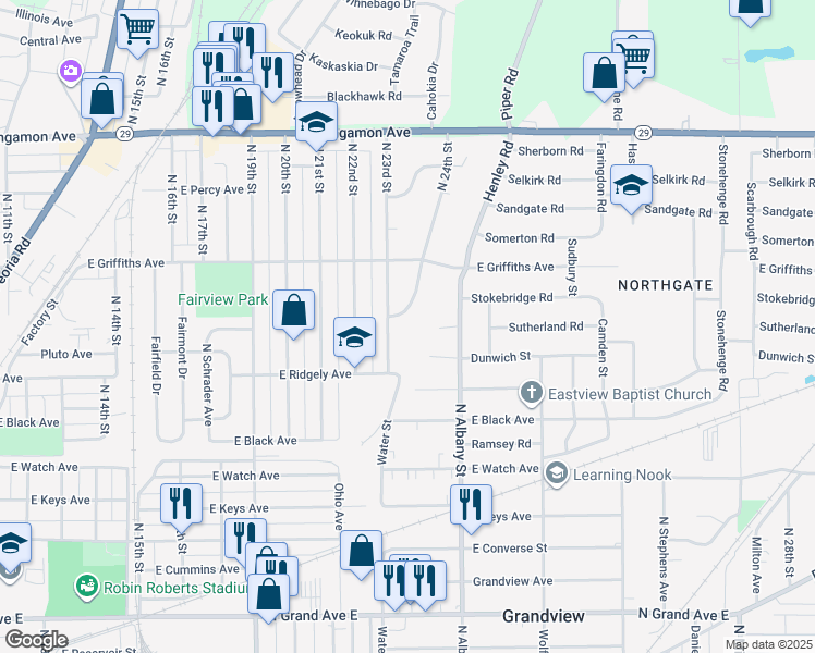 map of restaurants, bars, coffee shops, grocery stores, and more near 2132 Sutherland Court in Springfield