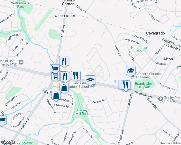 map of restaurants, bars, coffee shops, grocery stores, and more near 808 West Boxborough Drive in Wilmington