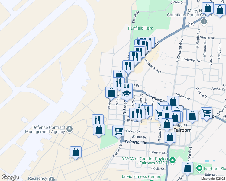 map of restaurants, bars, coffee shops, grocery stores, and more near 136 North 1st Street in Fairborn