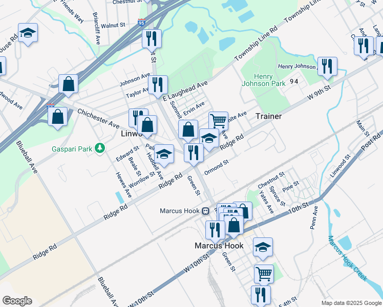 map of restaurants, bars, coffee shops, grocery stores, and more near 1423 Market Street in Linwood