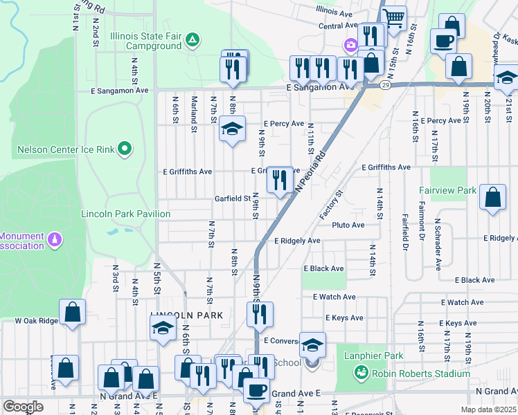 map of restaurants, bars, coffee shops, grocery stores, and more near 1816 North 9th Street in Springfield