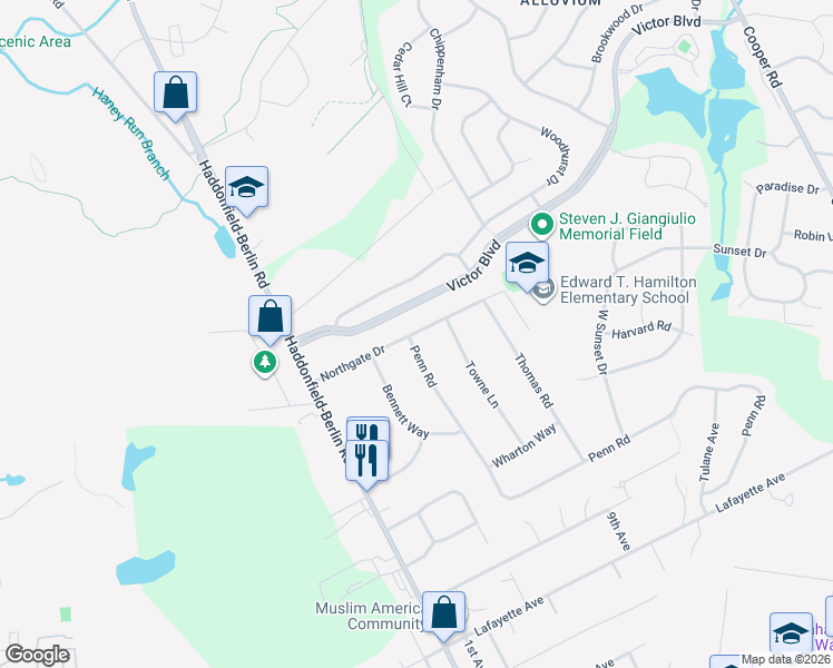 map of restaurants, bars, coffee shops, grocery stores, and more near 12 Northgate Drive in Voorhees Township
