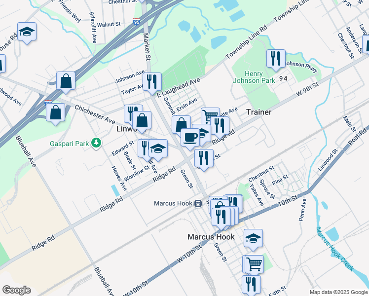 map of restaurants, bars, coffee shops, grocery stores, and more near 1423 Market Street in Linwood