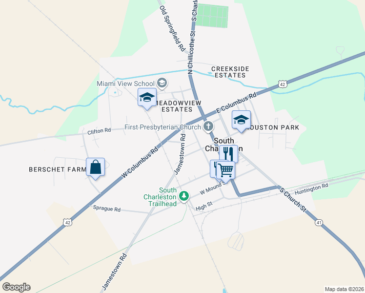 map of restaurants, bars, coffee shops, grocery stores, and more near 26 Jamestown Rd in South Charleston
