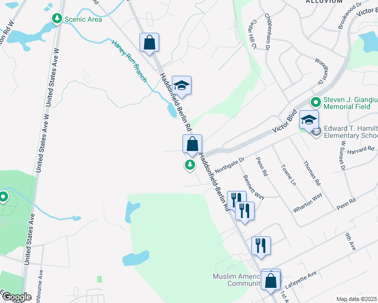 map of restaurants, bars, coffee shops, grocery stores, and more near 250 Haddonfield-Berlin Road in Gibbsboro