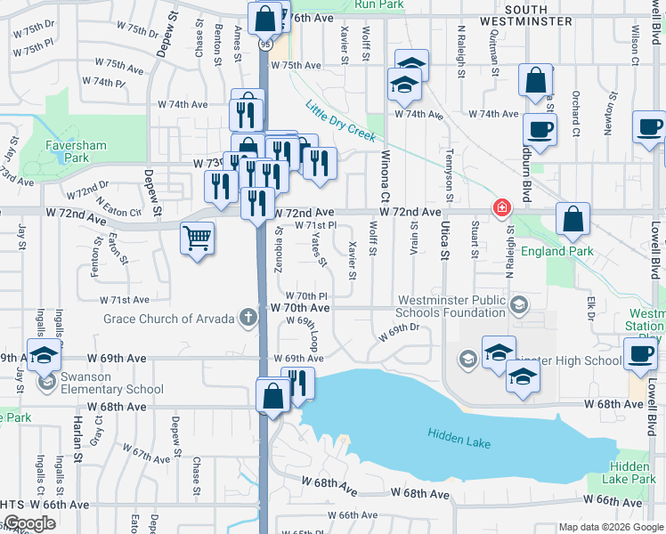 map of restaurants, bars, coffee shops, grocery stores, and more near 7044 Yates Street in Westminster