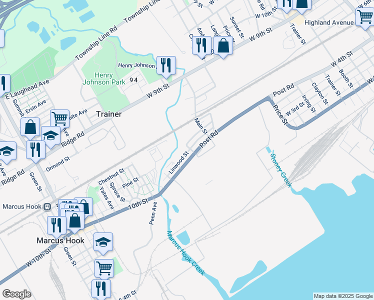 map of restaurants, bars, coffee shops, grocery stores, and more near 414 Gilbert Street in Trainer