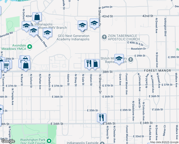 map of restaurants, bars, coffee shops, grocery stores, and more near 3637 E 38th St in Indianapolis