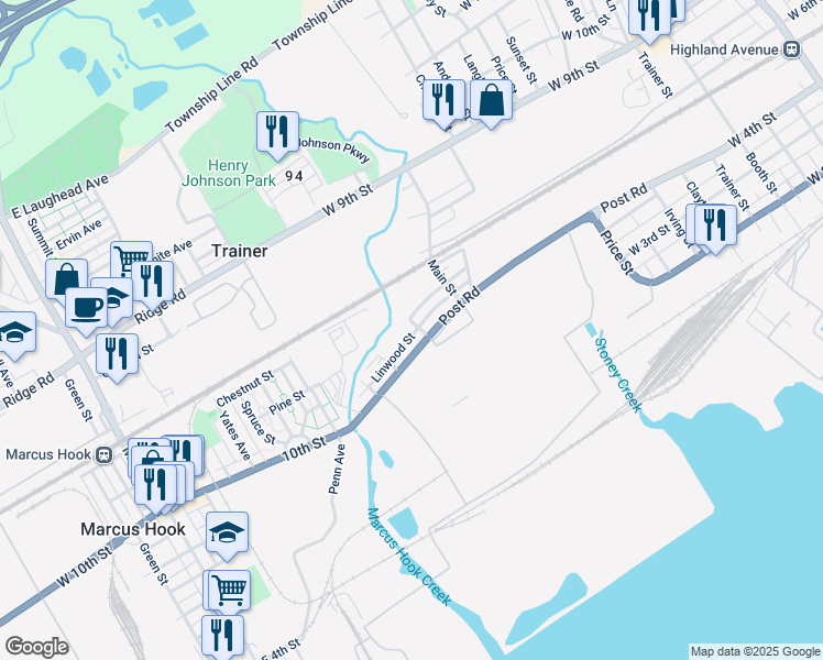map of restaurants, bars, coffee shops, grocery stores, and more near 414 Gilbert Street in Trainer