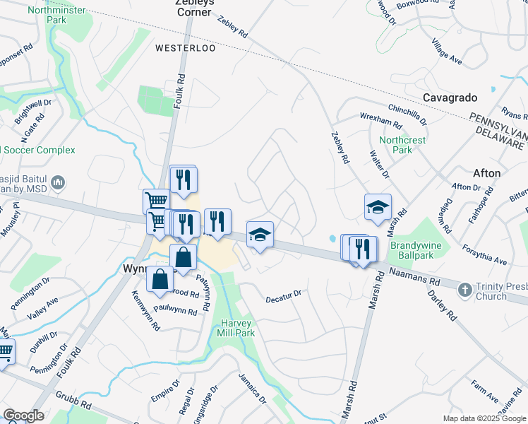 map of restaurants, bars, coffee shops, grocery stores, and more near 818 West Boxborough Drive in Wilmington