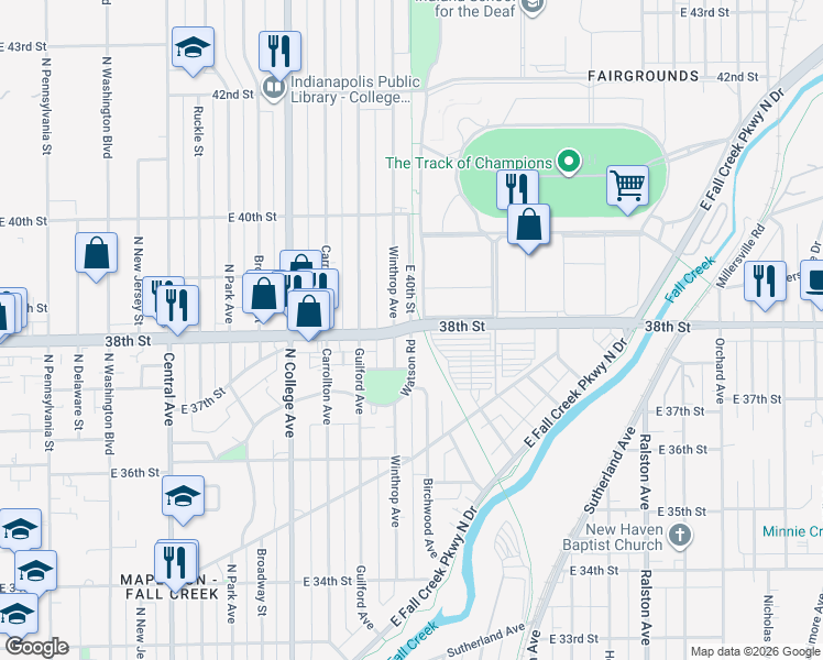 map of restaurants, bars, coffee shops, grocery stores, and more near 6543 Watson Road in Indianapolis