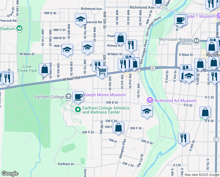 map of restaurants, bars, coffee shops, grocery stores, and more near Southwest 4th Street in Richmond