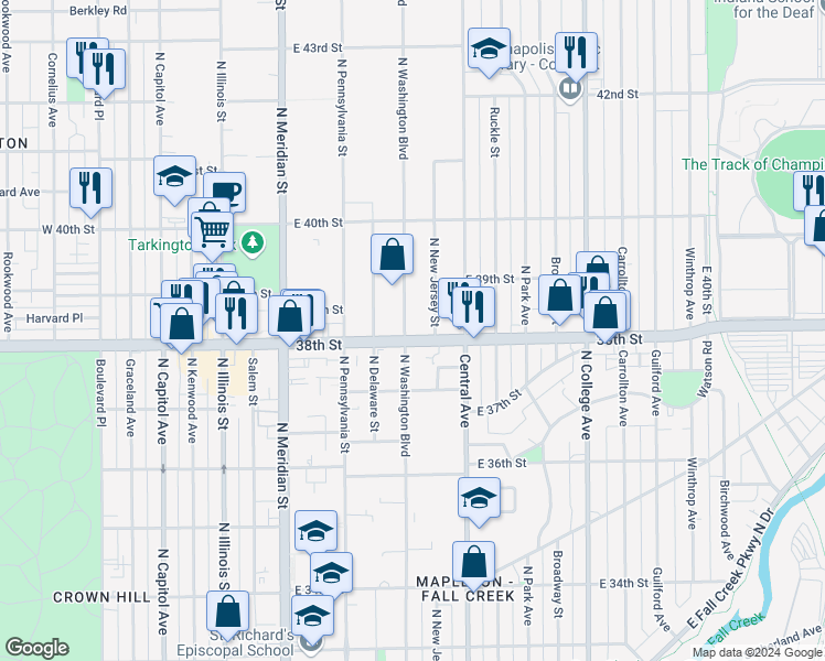 map of restaurants, bars, coffee shops, grocery stores, and more near 308 East 38th Street in Indianapolis