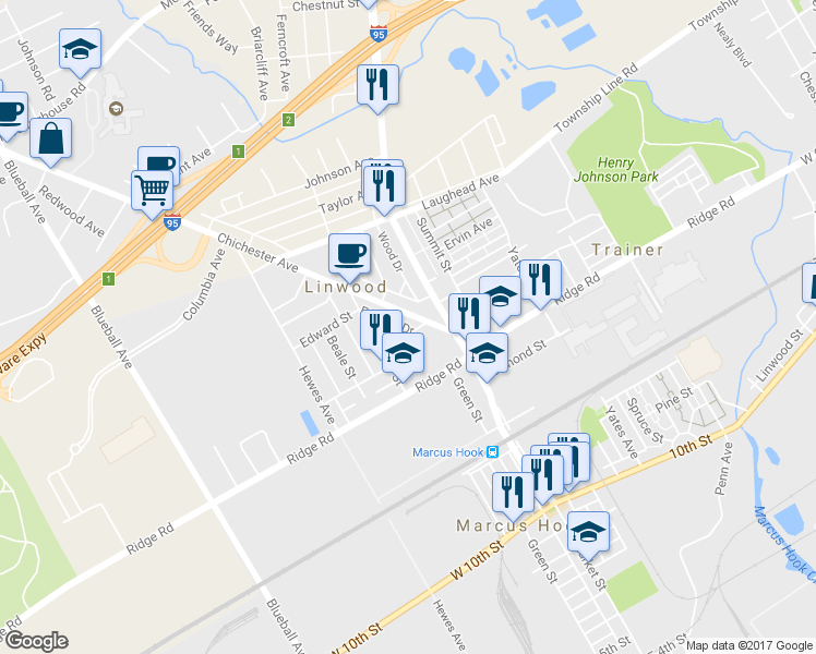 map of restaurants, bars, coffee shops, grocery stores, and more near 1536 Palmer Drive in Linwood