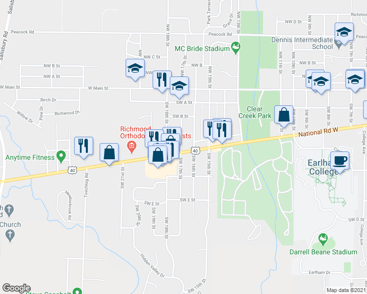 map of restaurants, bars, coffee shops, grocery stores, and more near 1624 National Road West in Richmond