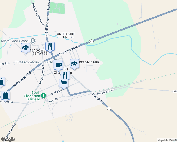 map of restaurants, bars, coffee shops, grocery stores, and more near 40 Oak Street in South Charleston