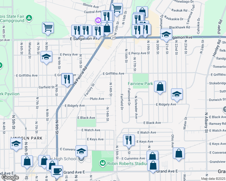 map of restaurants, bars, coffee shops, grocery stores, and more near 1814 North 14th Street in Springfield
