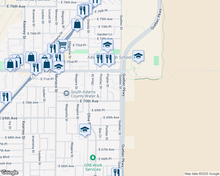map of restaurants, bars, coffee shops, grocery stores, and more near 7061 Poplar Street in Commerce City