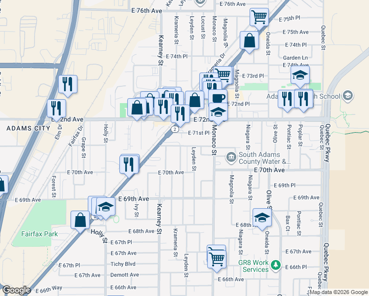 map of restaurants, bars, coffee shops, grocery stores, and more near 7071 Krameria Street in Commerce City