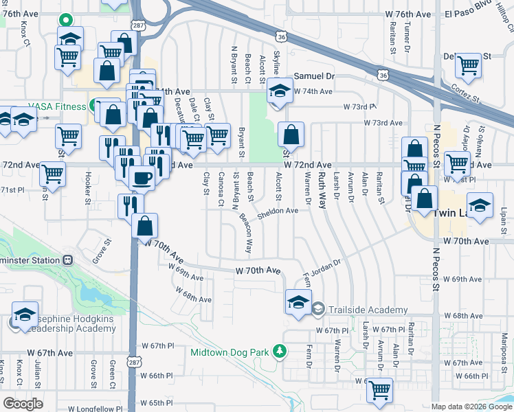 map of restaurants, bars, coffee shops, grocery stores, and more near 7080 Beacon Way in Westminster