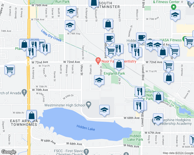 map of restaurants, bars, coffee shops, grocery stores, and more near 4225 West 70th Place in Westminster