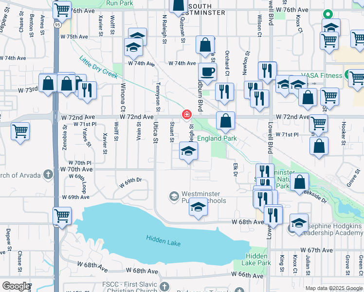 map of restaurants, bars, coffee shops, grocery stores, and more near 4225 West 70th Place in Westminster