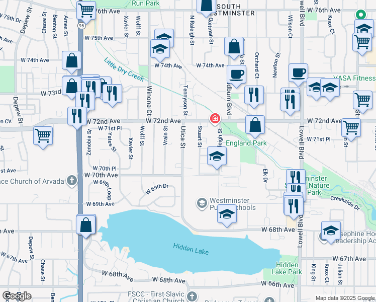 map of restaurants, bars, coffee shops, grocery stores, and more near 7045 Stuart Street in Westminster